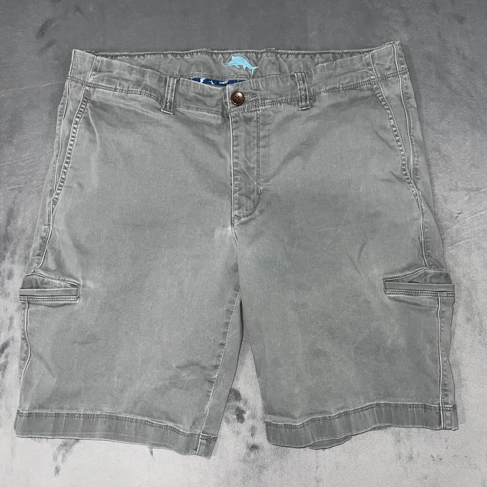 Tommy Bahama Mens Gray Cargo Shorts Size 34 Marlin Logo Flat Front Cotton Blend